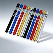 10pcs Metal One Hitters Spring Loaded 1 Hit Pipes 3.20" Long, Black Blue Silver Red Yellow Variety Pack With Striping, Smoking Accessories, For Smokers - 黑+銀+藍+紅+黃 - 查看 10
