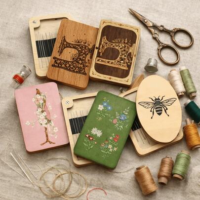 Wooden Magnetic Needle Box, Wooden Material Magnetic Feature Sewing Tool Organization Box, Turmeric Color Construction Portable Design Portable Storage Box