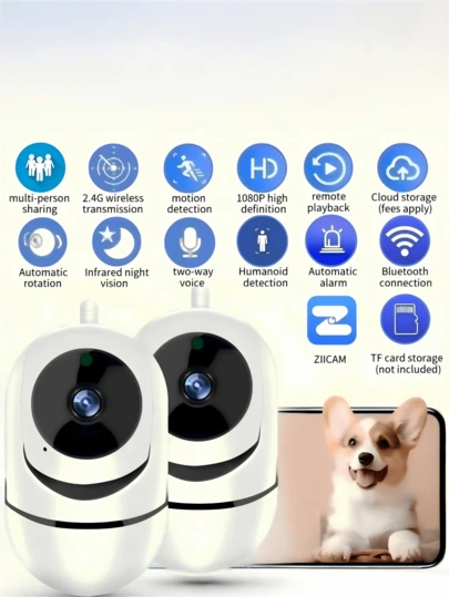 1pc/2pcs 1080P+ 355° Panoramic Rotating Wireless Security Camera, Indoor/Outdoor Home Surveillance Camera, 2.4G WiFi HD Night Vision, Remote Monitoring Via Mobile, Multi-User Sharing, Two-Way Audio, Remote Playback, Auto Alarm, Motion Tracking, Pet Monitoring