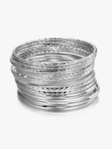 12pcs Patterned Geometric Metal Bangle Bracelet Set, Silver Color - Silver - View 1