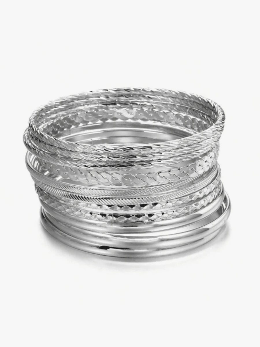 12pcs Patterned Geometric Metal Bangle Bracelet Set, Silver Color - Silver - View 1