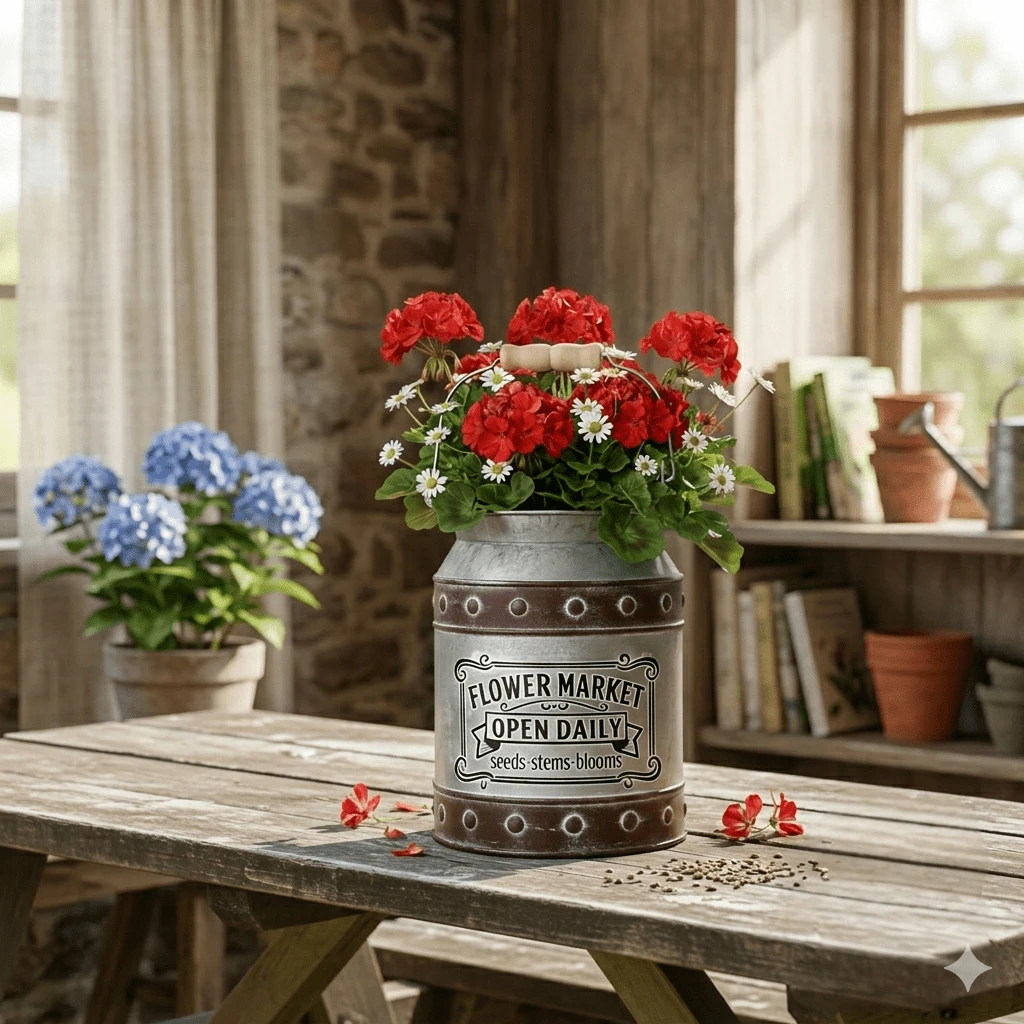 1pc Galvanized Metal Flower Bucket Container - Decorative Vintage Vase Suitable For Dried Flower Arrangement, Farmhouse Home Decor - A - View 1