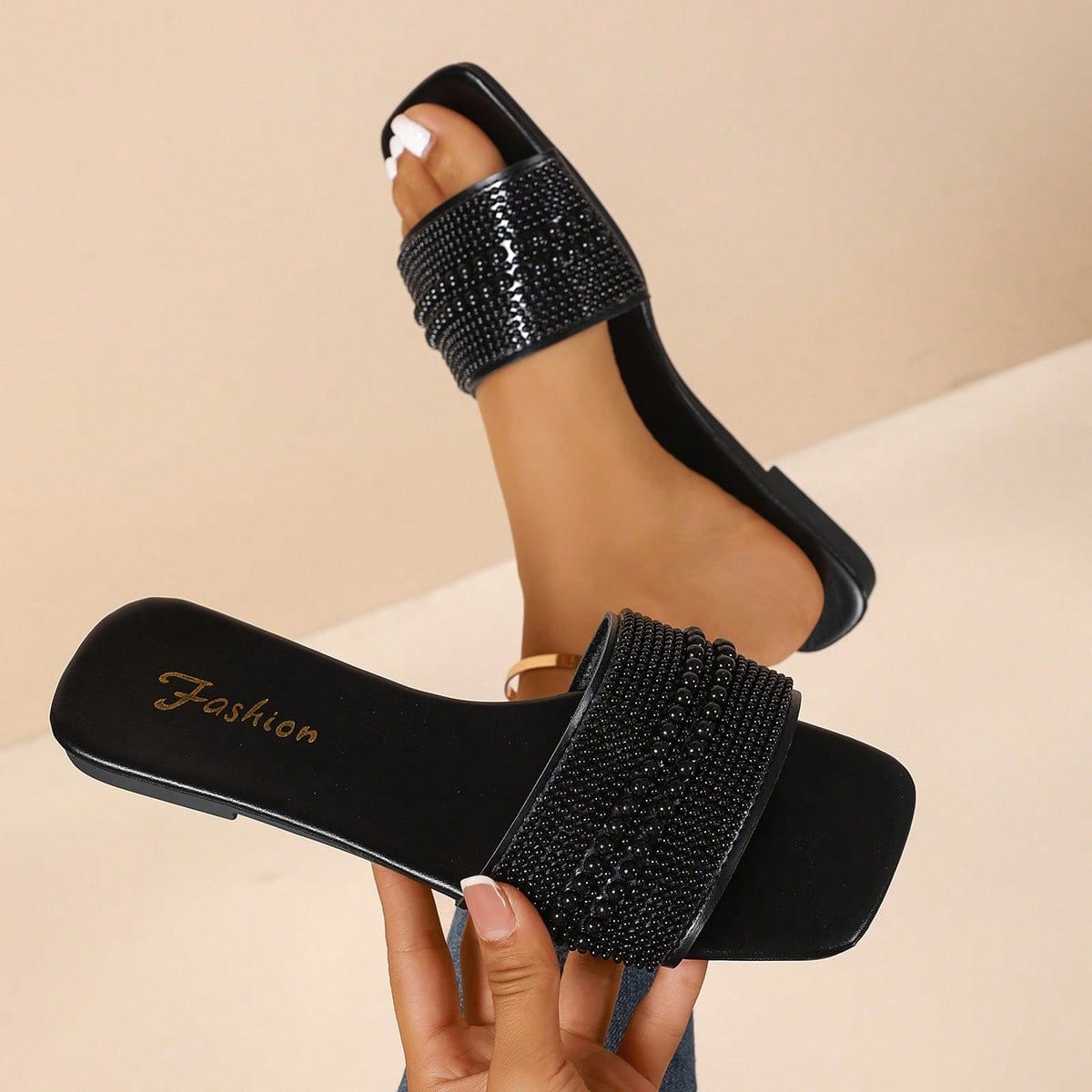 Pantuflas de mujer de punta cuadrada de unicolor, con decoración de perla negra y rhinestone en el empeine, diseño elegante y sexy de fácil uso, ad