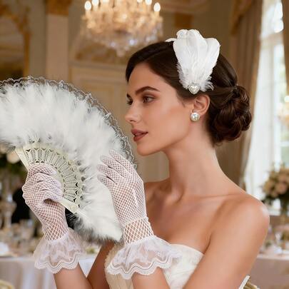 3pcs French Elegant White Faux Feather & Pearl Accessory Set, Vintage Lady Style Combination Suitable For French Retro Party, Wedding Bridesmaid, Palace Style Photoshoot, Afternoon Tea, Vintage Theme Gathering, Applicable For Holidays, Wedding Season, Valentine's Day, New Year Party