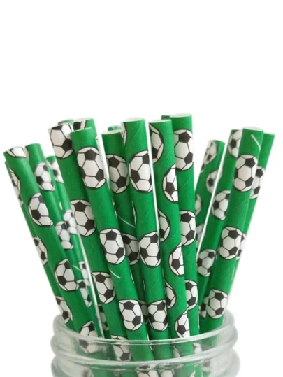 2pcs/Set Green Football Design Paper Straws, Disposable Tableware Straws, Suitable For Birthday Party, Family Gathering, Bar, Beverage Shop, Picnic, Party Supplies, Christmas Gift
