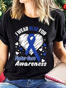 Camiseta lisa con estampado gráfico "I Wear Blue for Foster Care Awareness" Camiseta estampada de cuello redondo, top informal de manga corta - Negro - Ver 1