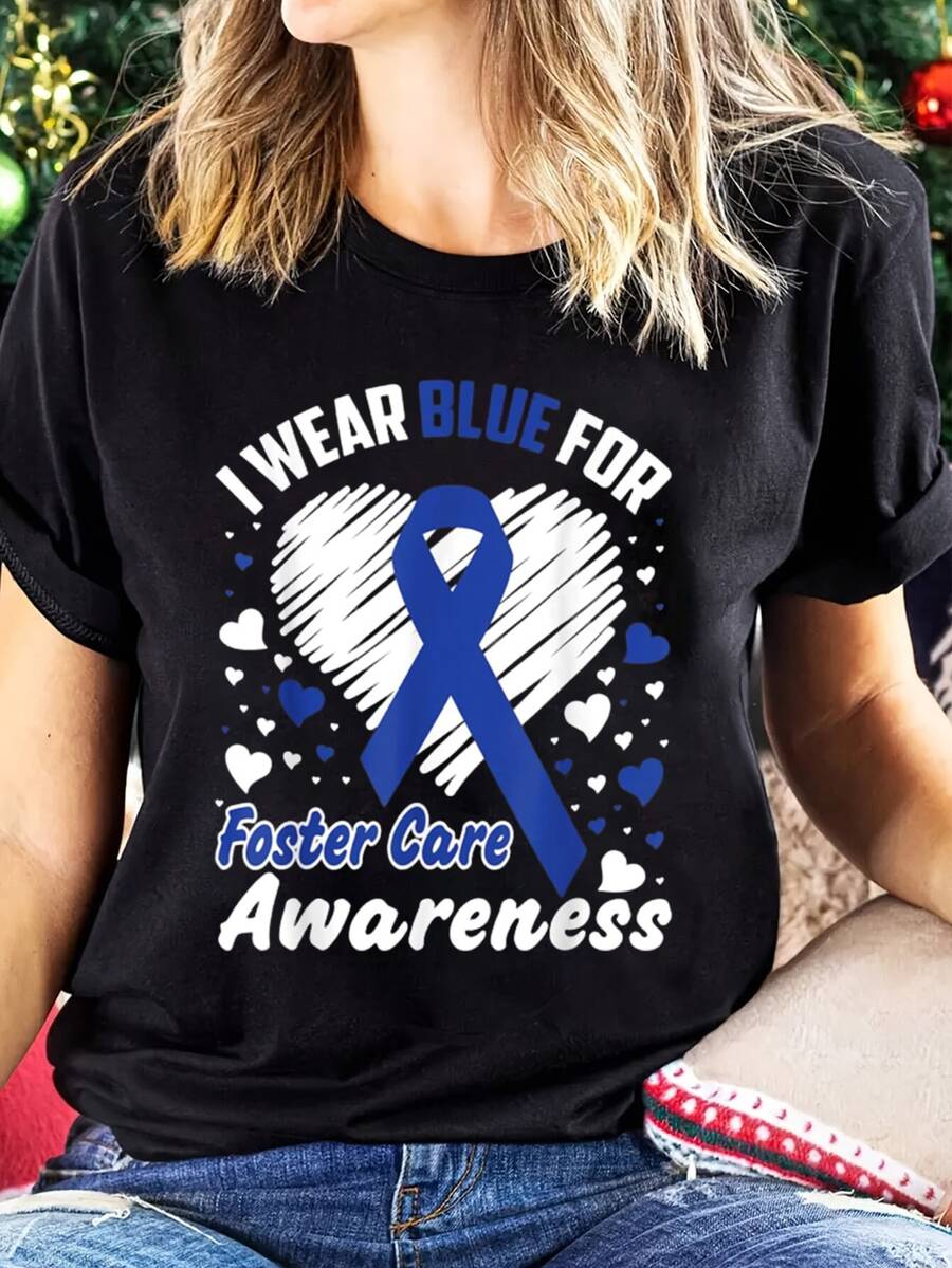 Camiseta lisa con estampado gráfico "I Wear Blue for Foster Care Awareness" Camiseta estampada de cuello redondo, top informal de manga corta - Negro - Ver 1