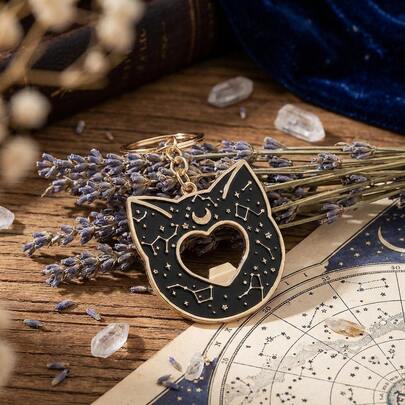 Abridor de botellas con llavero de gato negro, llavero colgante de aleación de zinc con estrella y luna creativa, accesorio de llavero con decoración de constelación