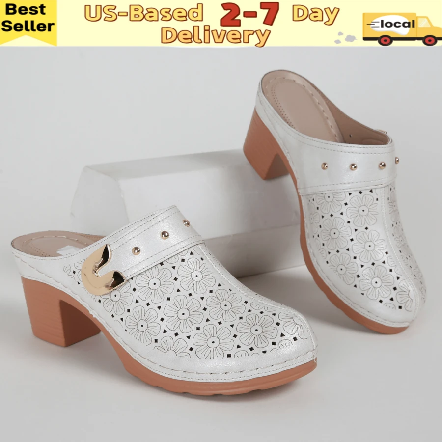 Ecetana White Heels For Women.Women's High-Heeled Mules, Platform Sandals For Women Comfortable Wedge Sandals, Hollow Out Design, Perforated Closed Toe Slip On Sandals. Perfect For Casual Outdoor Sandals, Women's Slide Sandals With Heel Cushion Dress Shoes Casual Summer.Women Slide Sandals With Heel For Beach, Pool, Garden - 白色 - 查看 1