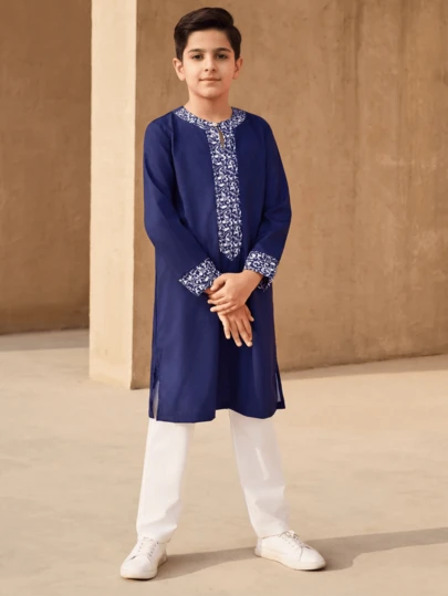 Purechapter 2pcs/Set Tween Boys Middle Eastern Patchwork Contrast Color Round Neck Long Sleeve Top And Solid Color Pants Set