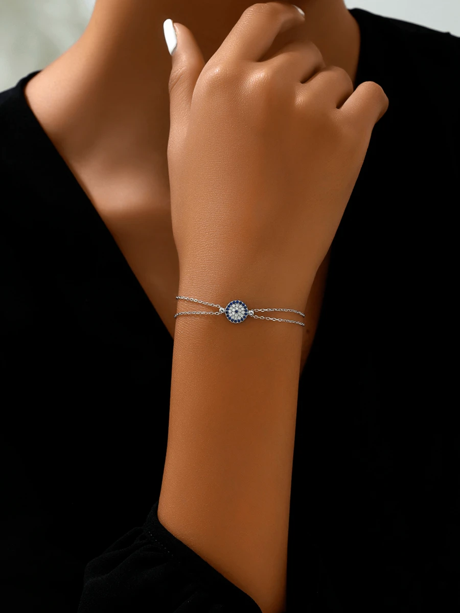 1pc S925 Silver Micro-Inlaid Blue Eye Double-Layer Bracelet, Turkish Lucky Eye Design, Luxury Style For Celebration, Daily Commute, Holiday Gift - Silver - View 1