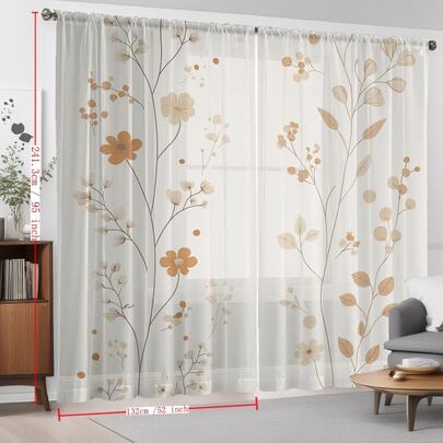 2PCS Beige Floral Printed Sheer Curtains, Natural And Fresh Style With Pole Mouth Design Decorative Window Screens, Suitable For Kitchens, Cafes, Living Rooms, Balconies And Gardens