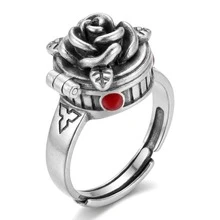 1 pieza Anillo ajustable con flor de rosa de tono plateado de estilo punk, adecuado para uso diario como regalo - Plata antigua - Ver 6