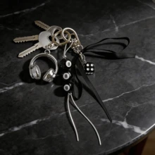 1pc Y2K Grunge Aesthetic Keychain Set With 8-Ball, Dice & Headphone Charms, Black Ribbon Bag Accessory - Black Eight - View 8