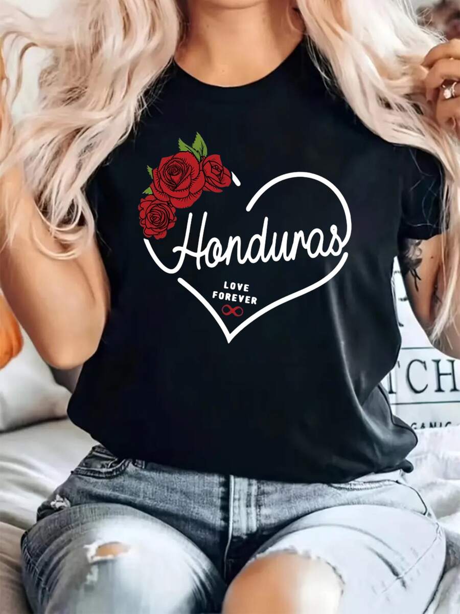 Camiseta con estampado de Honduras Camiseta estampada con cuello redondo Camiseta estampada con cuello redondo, top casual de manga corta - Negro - Ver 1