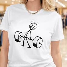 1 pieza, camiseta de algodón de talla grande para mujer con estampado gráfico de un simpático stickman levantando pesas, ideal para uso diario, regalos de cumpleaños, regalos de Navidad, regalos de Halloween o como camiseta conmemorativa para amigos o seres queridos. También es adecuada como suéter. Entrega rápida. - Blanco - Ver 1