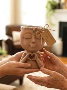 Face-Shaped Planter, Heart-Shaped Hand Planter, Resin Human Head Planter, Suitable For Indoor Plants, Cute Succulent Planter With Drainage Hole, Gardening Gift, Suitable For Women, Mothers, Teachers, Home Decor (Brown) - B - View 2
