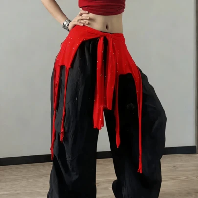 Phụ kiện eo đa năng 2 trong 1 dành cho nữ, chất liệu lưới xuyên thấu đính đá, có thể buộc phía trước, phối cùng váy xếp tầng với tua rua bất đối xứng, hoặc có thể mặc như áo khoác cardigan cho trang phục thường ngày, phù hợp với khiêu vũ jazz, hip hop và phong cách đường phố.