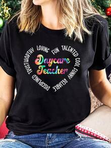 Camiseta lisa con estampado gráfico de regreso a clases para maestra de guardería. Camiseta estampada de cuello redondo, top informal de manga corta. - Negro - Ver 6