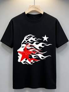 Men's Red Star Flame Face Graphic Black T-Shirt Casual Cotton Tee For Streetwear And Daily Wear, Crew Neck, Casual, Graphic Tee, Streetwear, Street Style, Daily Wear, Casual Outings, Music Events, Urban Fashion. - Black - View 4