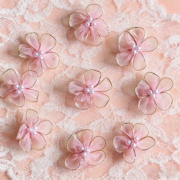 60pcs/30pcs/10pcs Handmade 5-Petal Pearl Flower, With 3 Golden Frames - Realistic Layered Tulle Fabric Flowers, Suitable For DIY Wedding, Mother's Day, Clothing Decoration, Decorative Flowers And Hair Accessories - Handcrafted Flowers