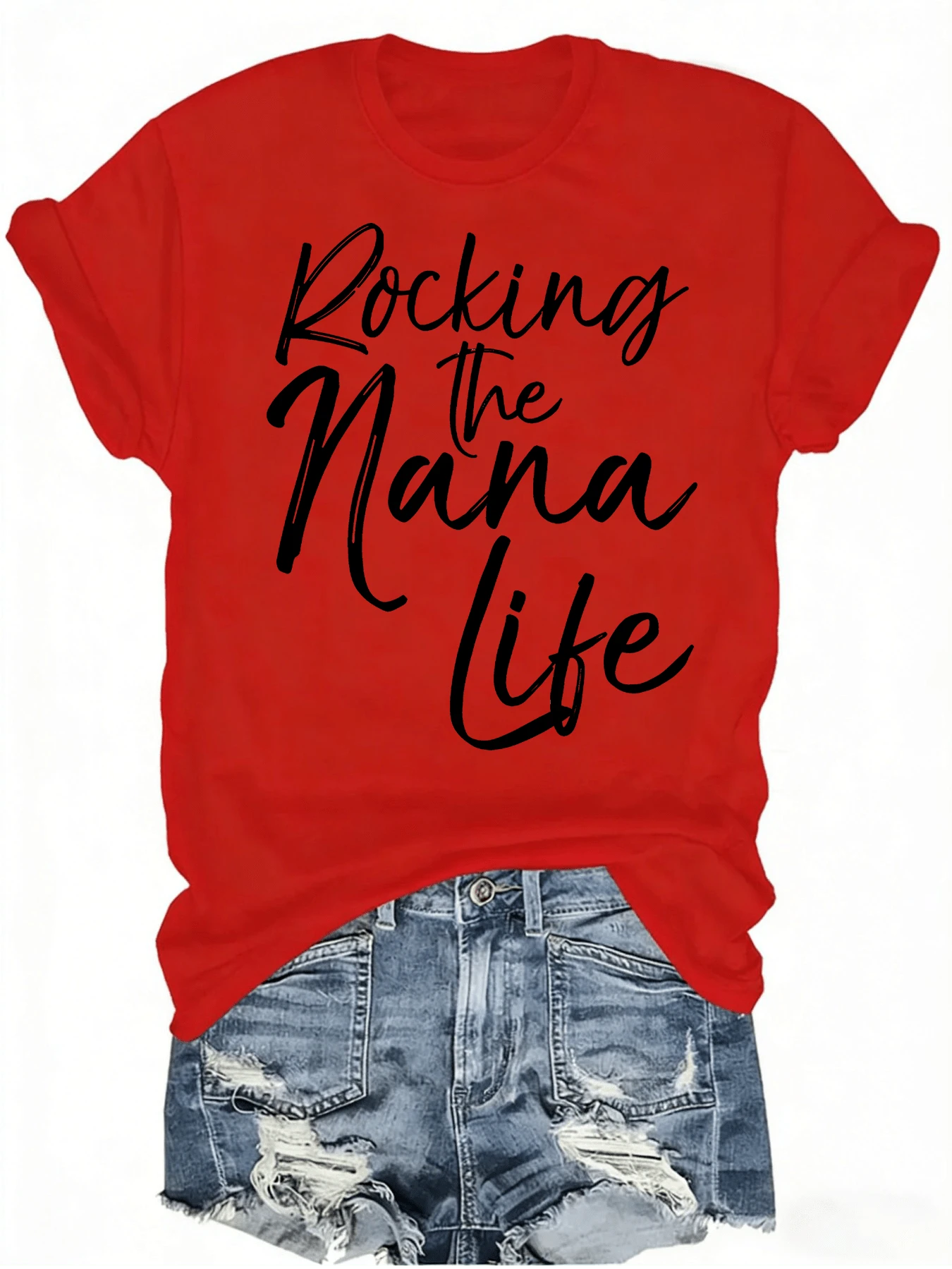 [Mother's Day Gift, Rocking The Nana Life] Soft & Comfortable Women's T-Shirt - Rocking The Nana Life   Casual Short Sleeve Round Neck Top, Black With White Letter Print, Perfect Mother's Day Gift For Grandma, Spring Casual Wear - 紅色 - 查看 1