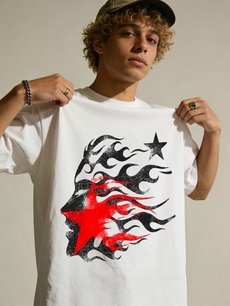 Men's Red Star Flame Face Graphic White T-Shirt Casual Cotton Tee For Streetwear And Daily Wear, Crew Neck, Casual, Graphic Tee, Streetwear, Street Style, Daily Wear, Casual Outings, Music Events, Urban Fashion.