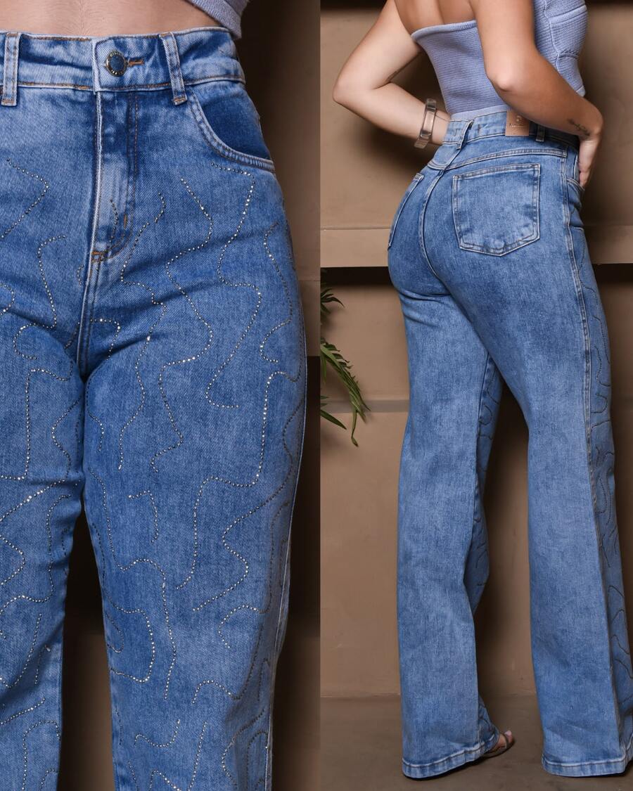 Women's Blue Jeans With Glitter Wave Pattern, High Waist, Premium - Dark Wash - View 1