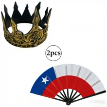 Coroa Real Medieval + Combo de Leque Dobrável com Padrão de Bandeira Nacional, Exibindo Elegância Real, Adequado para Cosplay, Torcedores de Esportes e Diversos Eventos - Multicolorido - Visão 7
