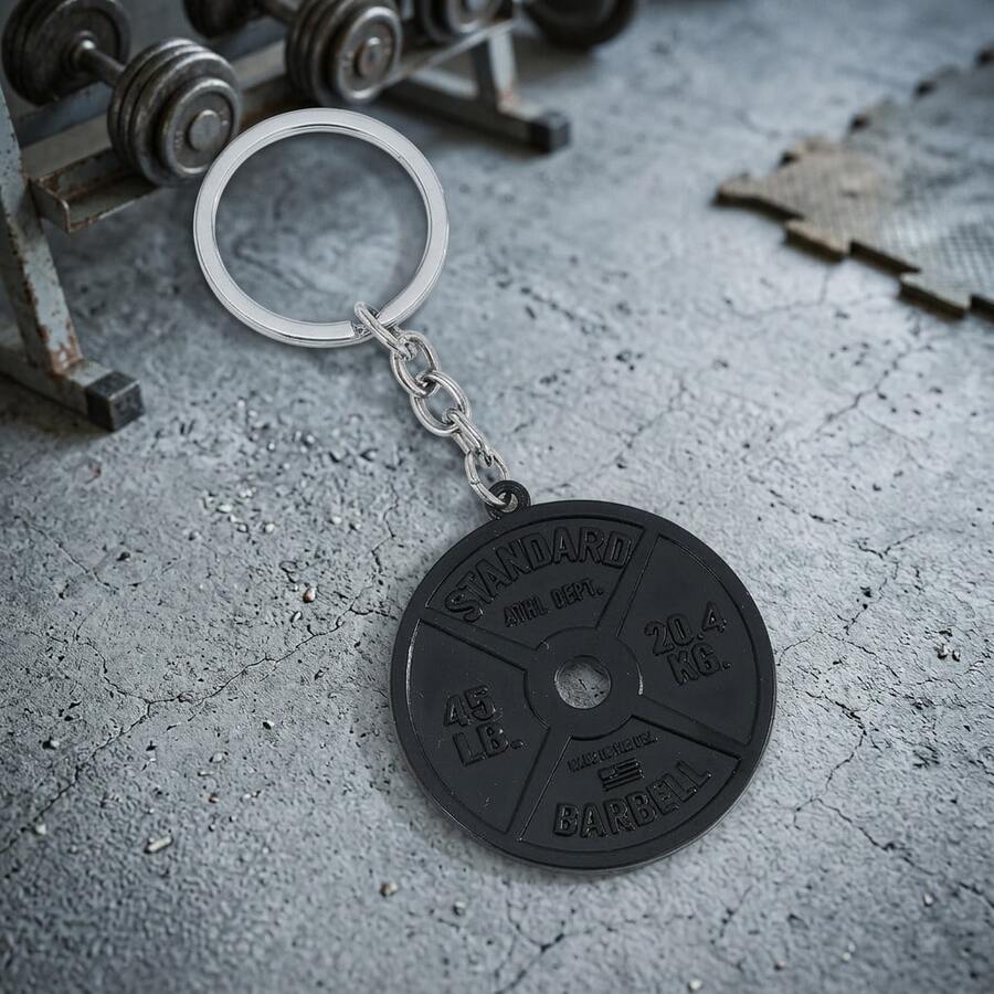 Llavero con forma de mancuerna de metal negro, llavero de aleación redondo con equipo de fitness realista - Negro - Ver 1