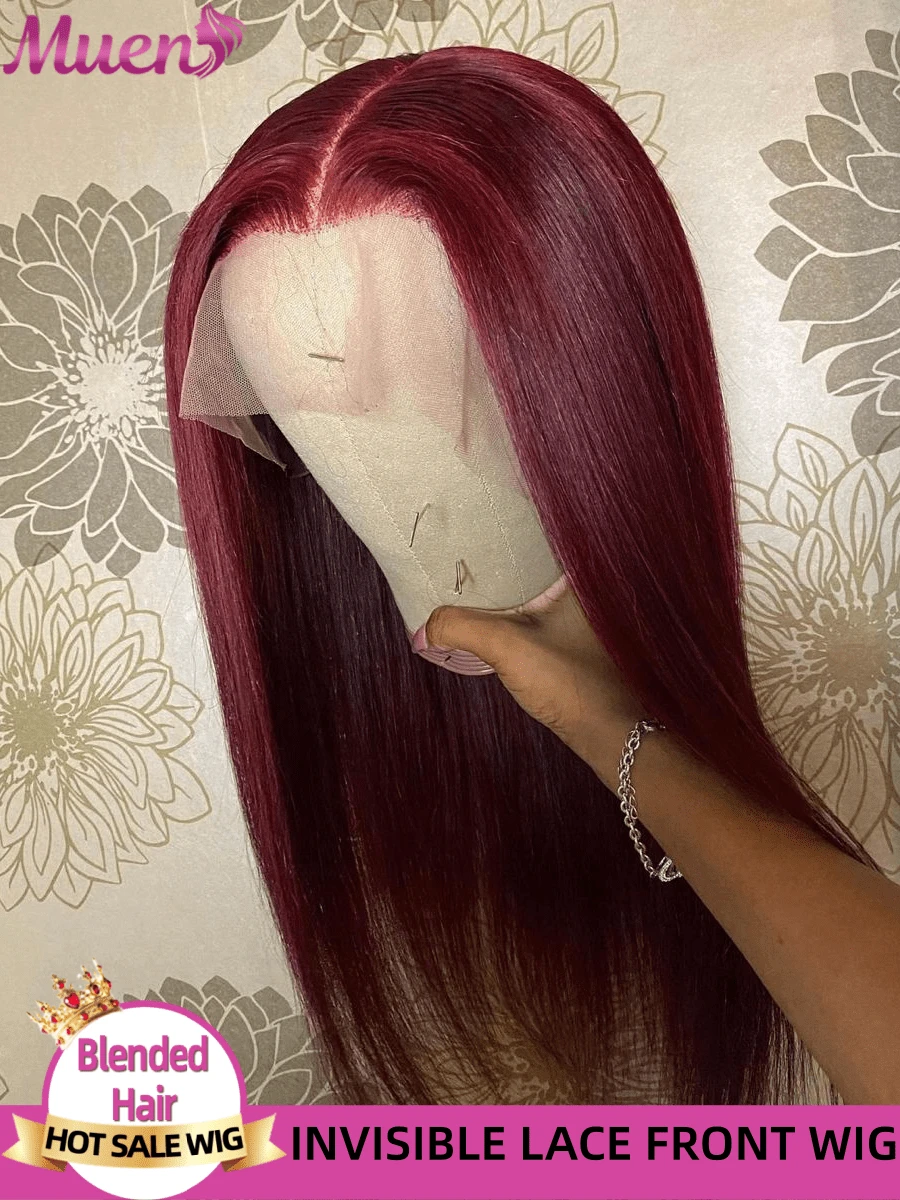 13x4 99J 酒红色真人发混纺假发 28 英寸红酒色直发混纺蕾丝前假发 女士混纺真人发假发 200% 密度