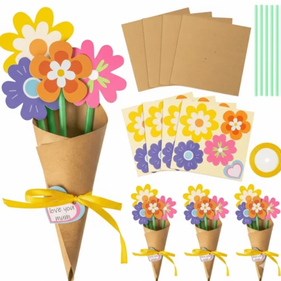 DIY Paper Flower Bouquet Craft Kit: Can Make 4 Vibrant Paper Flowers, Perfect Children's Activity For Mother's Day, Women's Day And Spring Gifts, Includes Pre-Cut Paper, Stems And Decorations.