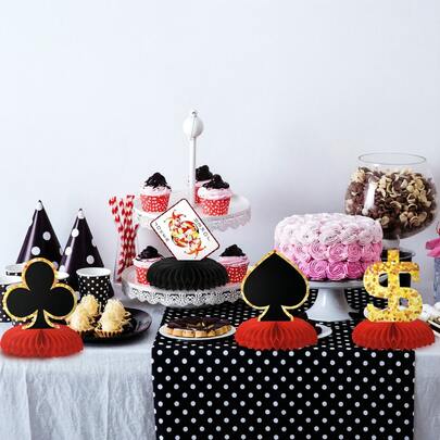 赌场主题派对装饰蜂窝状中心摆件套装（8件），赌场主题餐桌中心摆件，包含扑克牌、骰子、美元符号，适用于拉斯维加斯扑克之夜生日派对用品