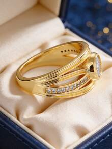 Women's Gold-Plated Multi-Layer Ring Set, Featuring Round Cubic Zirconia Main Stone And Pave Zirconia Accents, Minimalist Elegant Design, Suitable For Daily Commute And Work Outfits, An Ideal Gift For Fashion Enthusiasts - Gold - View 2