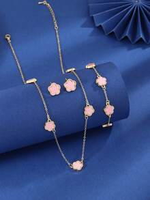 1/3pcs Set Lucky Four-Leaf Clover Fashion Necklace Bracelet Earrings 3pcs Jewelry Set, Perfect Mother's Day/Holiday Gift, Women Jewelry Set - Silver - View 4