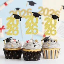 12/24pcs Glitter 2025 Graduation Cap Cupcake Toppers, 2025 Graduation Cap Cupcake Picks, Suitable For 2025 Graduation Theme Party Cake Decorations - Multicolor - View 2