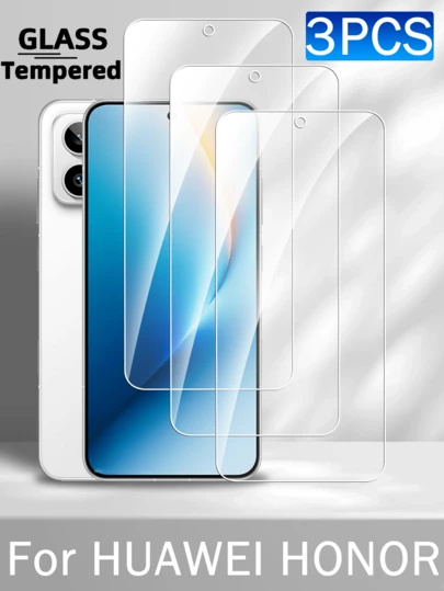 华为荣耀手机专用钢化玻璃屏幕保护膜3片装，防刮花，无气泡，高清，9H硬度，兼容手机壳