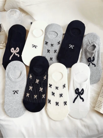 1双/3双/6双随机颜色可爱芭蕾舞风格蝴蝶结简约女士短袜，透气舒适薄款休闲袜，韩版ins风隐形袜，适合春夏穿着