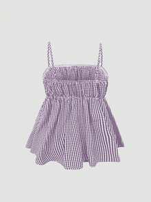 VIVINA Women's Minimalist Plaid Bubble Texture Ruffle Hem Camisole Top, Vacation Style Summer Outfits, Spring Tops - Mauve Purple - View 3