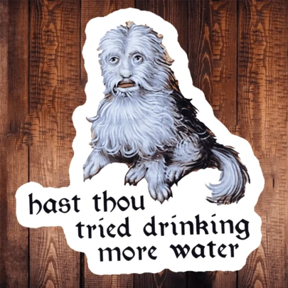 1张3英寸防水户外PVC可移除贴纸 - 有趣的狗狗插画“多喝水了吗？”复古设计，适用于笔记本电脑/水瓶/汽车 - 青少年/动物爱好者的趣味礼物，中世纪风格贴纸，狗狗贴纸