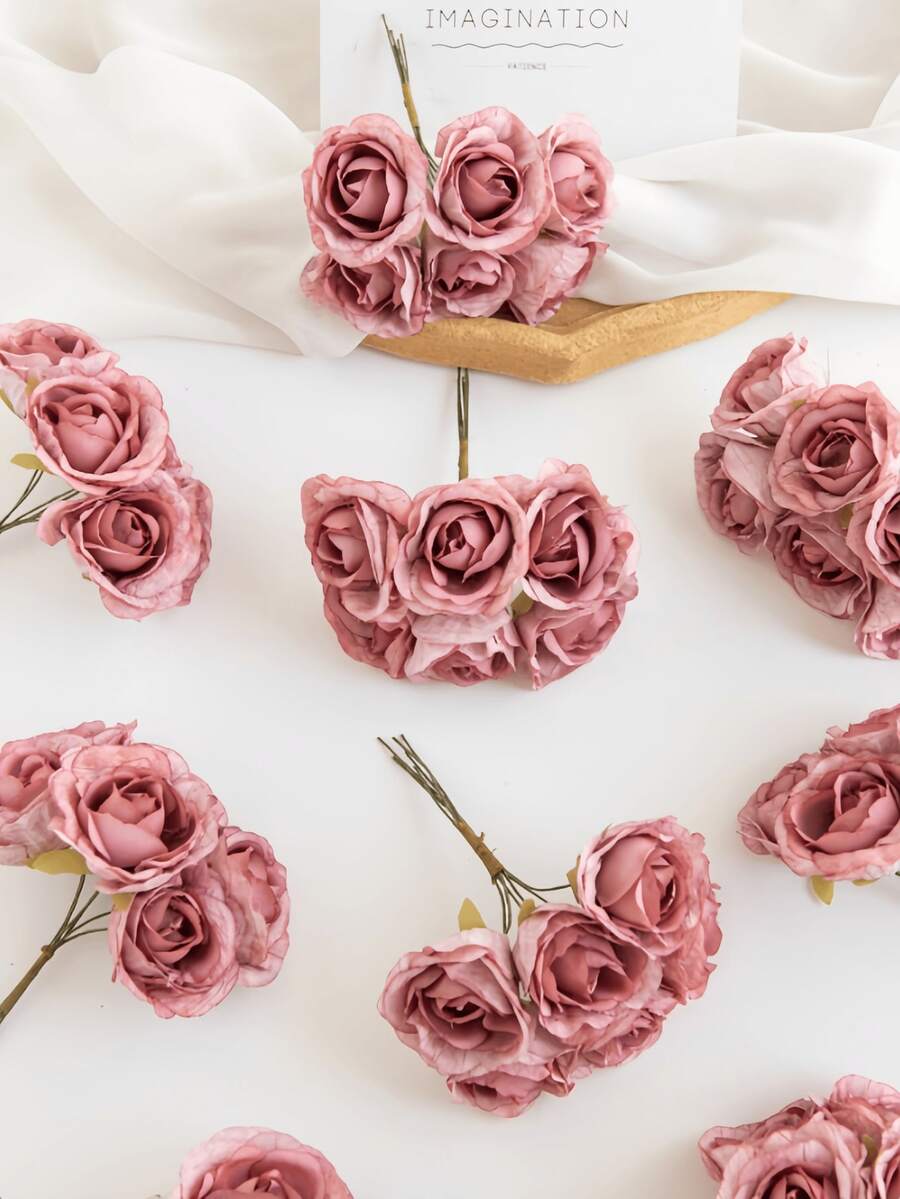1 Bouquet (6pcs) Artificial Mini Rose Buds, Letter DIY Wreath Materials, Candy Box Accessories, Home Wedding Decor, Bride Wrist Corsage, Chest Flower, Headpiece Materials, Valentine's Day, New Year, Birthday Party, Cake Decorations - Red Violet - View 1