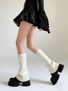 1 par de calentadores de piernas de punto acampanados de unicolor blanco/gris con lazo - Multicolor - Ver 4