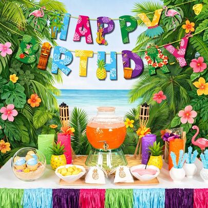 1개 하와이 플라밍고 & 야자수 알로하 테마 생일 배너, 열대 여름 파티 장식, 종이 재질