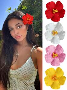 4件套夏季夏威夷芙蓉花发夹，大号多色热带人造花发饰，波西米亚风格，适合女性和女孩，适合夏季海滩、派对、婚礼（红色、白色、粉色、黄色） - 彩色 - 查看 9