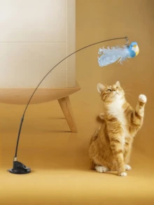 4pcs/Set Strong Suction Cup Base Cat Teaser Wand, Hands-Free Long Stick Cat Interactive Toy With Bell & Replaceable Feather Bird, Kitten Self-Play Hunting Training Pet Supplies - View 7