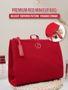 Giorgio Armani 阿玛尼灯芯绒化妆包，高品质红色牙签图案，柔软灯芯绒质地，防水内衬，耐用拉链，密封性好，大容量多隔层收纳，加固提手，轻便便携设计，适合旅行，防污易清洁，多功能收纳，奢华美感，适合女士、化妆师、旅行者、专业人士，适合日常通勤、健身、旅行、居家收纳，是送给女性的绝佳礼物。 - 紅色 - 查看 2