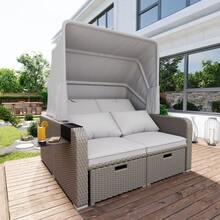 Double Poly-Rattan Garden Furniture Set, Garden Sofa, Reclining Sofa, Removable Canopy, Poly-Rattan And Sponge, Khaki - Khaki - View 7