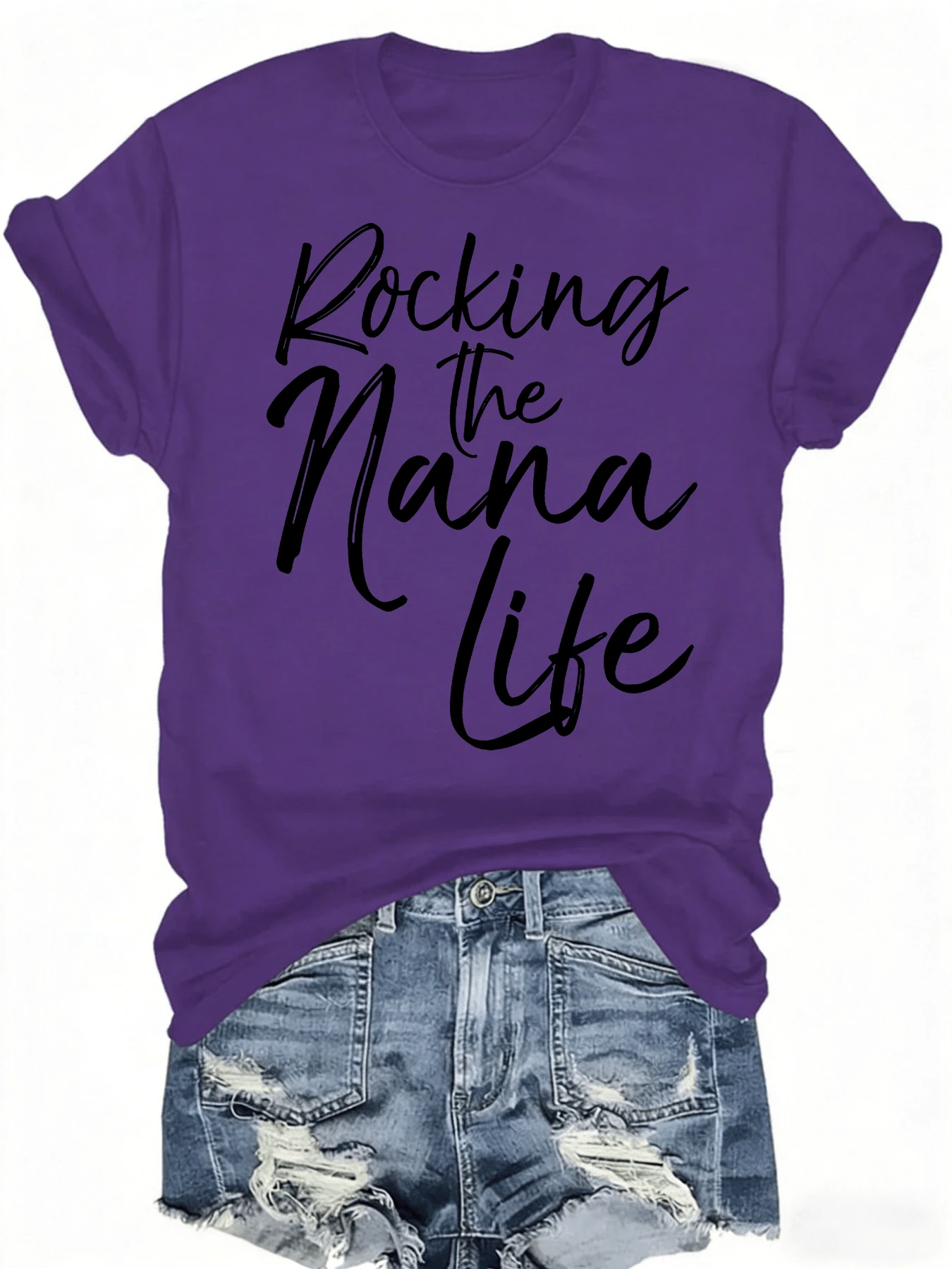 [Mother's Day Gift, Rocking The Nana Life] Soft & Comfortable Women's T-Shirt - Rocking The Nana Life   Casual Short Sleeve Round Neck Top, Black With White Letter Print, Perfect Mother's Day Gift For Grandma, Spring Casual Wear - Màu tím - Xem 1