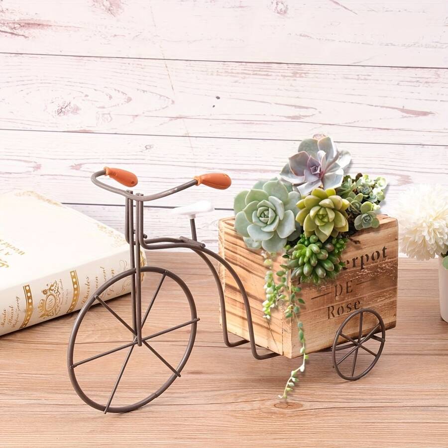 1 pieza Soporte de maceta de triciclo de madera rústica vintage - Soporte de maceta de bicicleta de hierro encantador con soporte de vela estilo jaula de pájaros, adecuado para decoración del hogar y la oficina, exhibición de jardín interior/exterior y regalo único para fiestas, soporte de planta montado en la pared (plantas no incluidas)