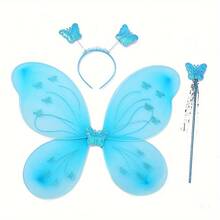 3件套节日派对用品，蝴蝶主题派对用品，蝴蝶翅膀仙女棒蓬蓬裙角色扮演节日舞台派对小公主仙女裙 - 紅色 - 查看 2